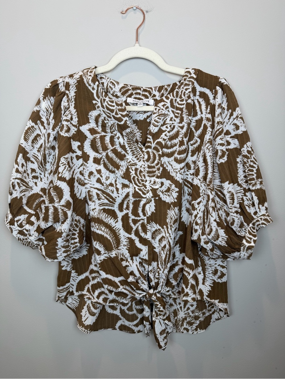 Rose + Olive Brown Ivory Floral Tie Front Blouse Puff Sleeve Small Boho